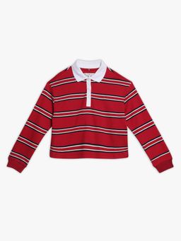 Tommy Hilfiger - Girls Red Striped Relaxed Fit Cotton Polo T-shirt