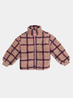 Tommy Hilfiger - Girls Beige Relaxed Fit Checks High Neck Jacket