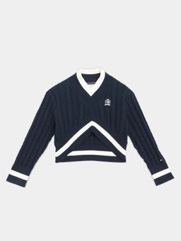 Tommy Hilfiger - Girls Navy Blue Relaxed Fit Cotton V-Neck Sweater
