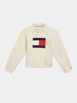 Tommy Hilfiger - Girls Off White Relaxed Fit Cotton Crew Neck Sweater
