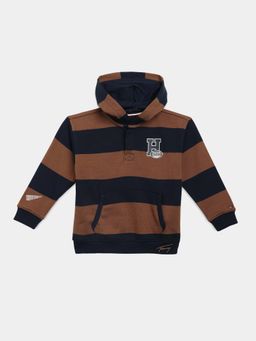 Tommy Hilfiger - Boys Brown Striped Regular Fit Cotton Hoodie