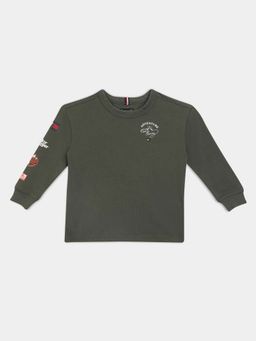 Tommy Hilfiger - Boys Olive Graphic Printed Relaxed Fit Cotton T-shirt