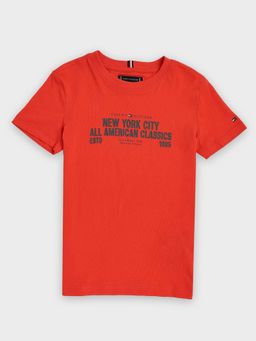 Tommy Hilfiger - Boys Red Text Printed Regular Fit Cotton T-shirt