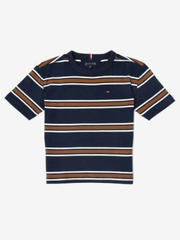 Tommy Hilfiger - Boys Navy Blue Striped Relaxed Fit Cotton T-shirt