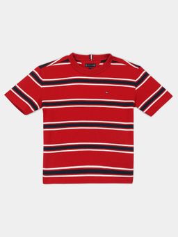 Tommy Hilfiger - Boys Red Striped Relaxed Fit Cotton T-shirt