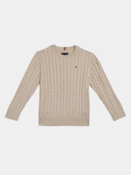 Tommy Hilfiger - Boys Beige Solid Regular Fit Cotton Sweater