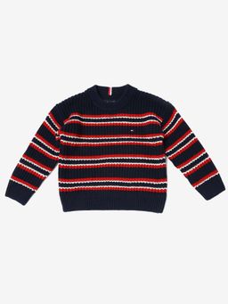 Tommy Hilfiger - Boys Navy Blue Striped Regular Fit Cotton Sweater