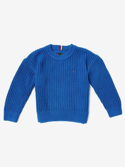 Tommy Hilfiger - Boys Blue Solid Regular Fit Cotton Sweater