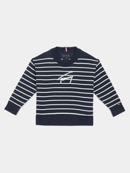 Tommy Hilfiger - Boys Navy Blue Striped Relaxed Fit Cotton Sweater