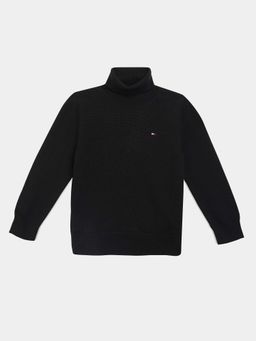 Tommy Hilfiger - Boys Black Solid Regular Fit Cotton Sweater
