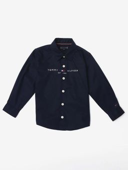 Tommy Hilfiger - Boys Navy Blue Typographic Regular Fit Cotton Shirt