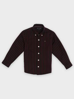 Tommy Hilfiger - Boys Maroon Striped Regular Fit Cotton Shirt