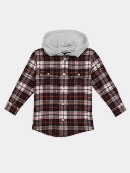 Tommy Hilfiger - Boys Brown Checks Relaxed Fit Cotton Hooded Shirt