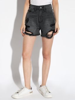 SHOWOFF - Women'S Solid Grey Regular Fit Denim Shorts
