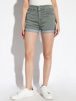 SHOWOFFFF - Women'S Solid Green Slim Fit Denim Shorts