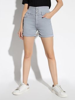 SHOWOFF - Women'S Solid Grey Slim Fit Denim Shorts