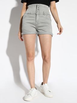 SHOWOFF - Women'S Solid Grey Slim Fit Denim Shorts