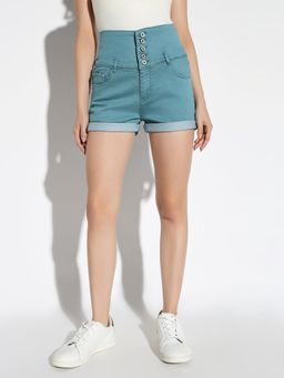 SHOWOFFFF - Women'S Solid Teal Slim Fit Denim Shorts