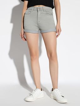 SHOWOFF - Women'S Solid Grey Slim Fit Denim Shorts