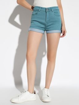 SHOWOFFFF - Women'S Solid Teal Slim Fit Denim Shorts