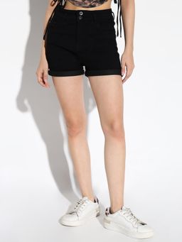 SHOWOFFFF - Women'S Solid Black Slim Fit Denim Shorts