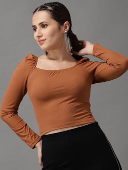 SHOWOFFFF - Womens Square Neck Brown Fitted Crop Top