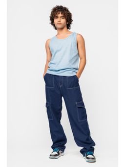 FREAKINS - Elasticated Mid Blue Men's Cargo Style Jeans