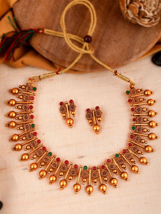 Shoshaa Gold-Plated Green and Red Stones-Studded Beaded Jewellery (Set of 2)