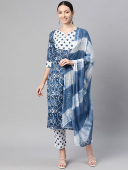 Indibelle - Cotton Blue White Floral Print Straight Kurta with Pant and Dupatta (Set of 3)
