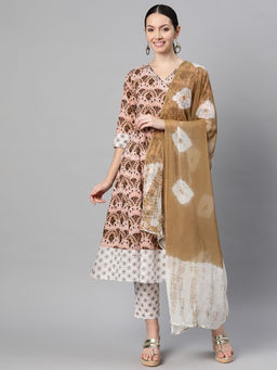 Indibelle - Cotton Brown White Floral Print A-Line Kurta with Pant and Dupatta (Set of 3)