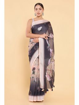 Soch - Women Black Linen Printed Saree with Stitched Blouse