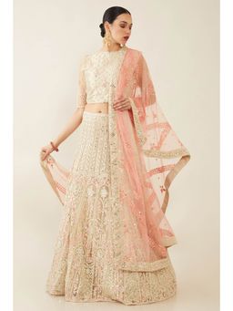Soch - Women Beige Net Embroidered Lehenga Choli Dress Material (Set of 3)