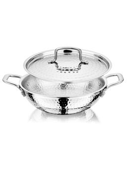 Nirlon - Hammered Stainless Steel Induction Deep Kadai with Steel Lid