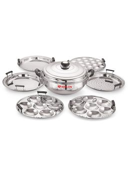 Nirlon - All-In-One Stainless Steel Induction Idli Cooker Multi Kadhai, 6 Plates, 1 Lid