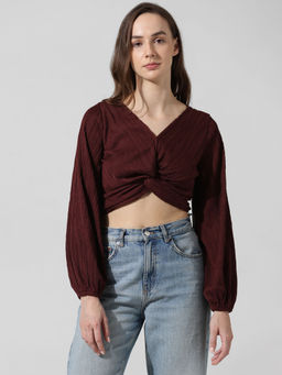 ONLY - Brown Plisses Knot Crop Top