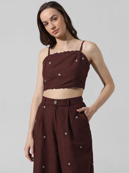 ONLY - Brown Embroidered Shoulder Strap-Neck Crop Top