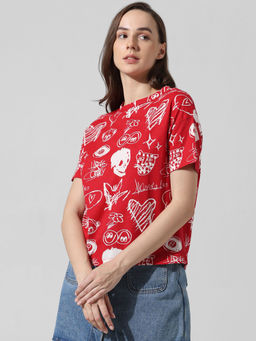 ONLY - Red Oversized Printed T-Shirt