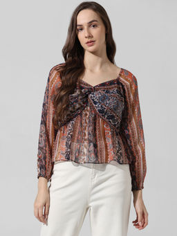 ONLY - Brown Lurex Chiffon Paisley Printed Top