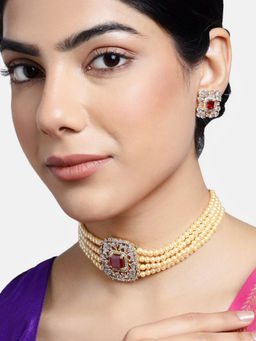 Estele - Gold Plated CZ Ruby and Pearl Choker Necklace for Women (Set of 2)