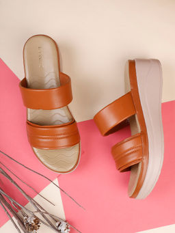 Iconics - Women Tan Slip-On Round Toe Heel Wedges