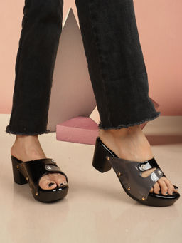 Iconics - Women Grey-Black Slip-On Round Toe Sandals