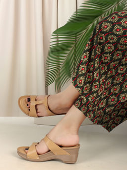 Iconics - Women Tan Slip-On Round Toe Wedges