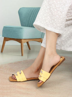 Iconics - Women Yellow Slip-On Open Toe Slider Flats