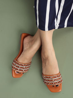 Iconics - Women Tan Slip-On Open Toe Flats