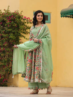 EverBloom - Iris Mint Anarkali Floral Printed Suit Set With Palazzo And Dupatta (Set of 3)