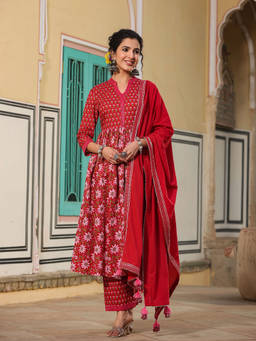 EverBloom - Madhubala Red Gathered Suit With Pant And Dupatta (Set of 3)