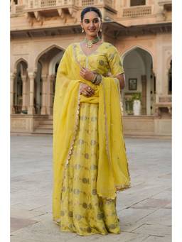 EverBloom - Prashi Lime Yellow Silk Jacquard Printed Lehenga (Set of 3)