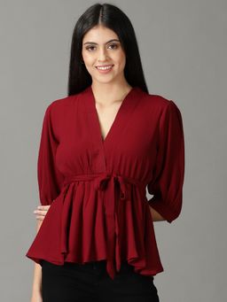 SHOWOFFFF - Womens Three-Fourth Sleeves V-Neck Maroon Solid Top
