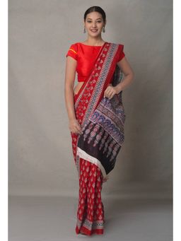 Unnati Silks - Red Pure Block Printed Cotton Saree with Unstitched Blouse