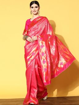 Sareemall - Womens Silk Blend Pink Woven Design Designer Saree with Unstitched Blouse